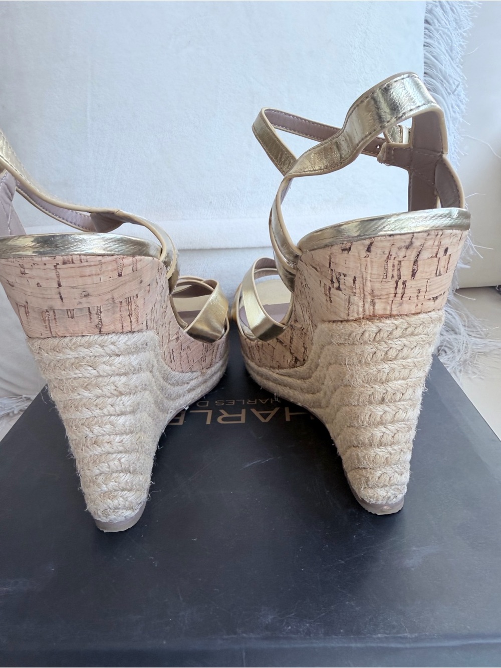 Charles David Metallic Gold Braided Espadrille Wedges with Ankle Wrap 10 - Picture 10 of 10